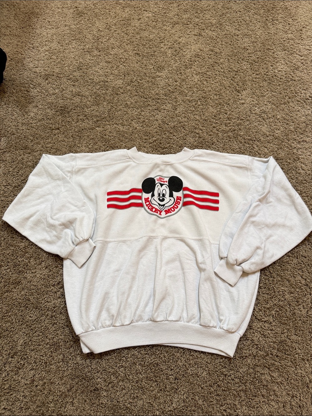 Vintage Disney White Crewneck with Mickey Mouse and Red Stripe Accents Size XL